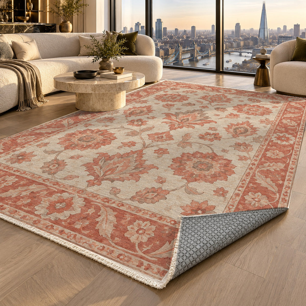 Rosette Symphony Coral Sand Classic Washable Rug — london luxury living