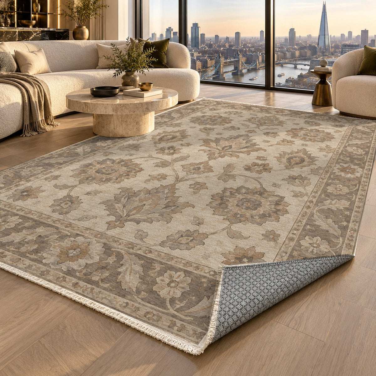 Rosette Symphony Ivory Taupe Classic Washable Rug — london luxury living
