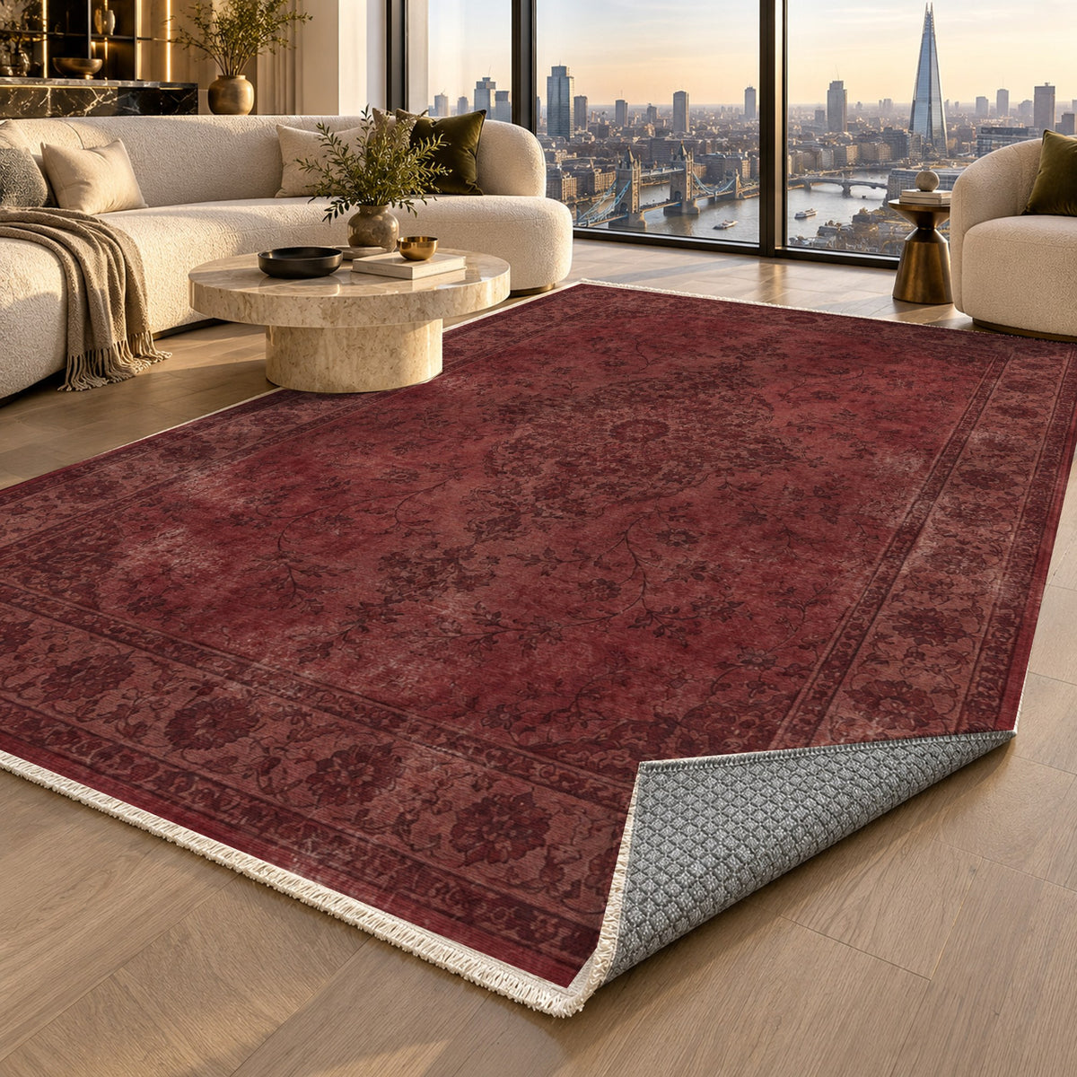 Rosewater Tabriz Burgundy Red Vintage Washable Rug — london luxury living