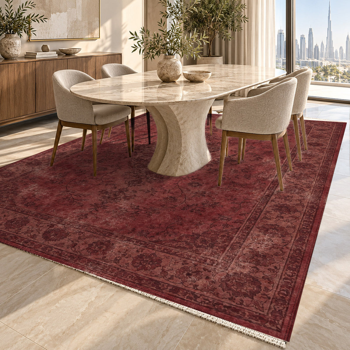 Rosewater Tabriz Burgundy Red Vintage Washable Rug — dubai dining