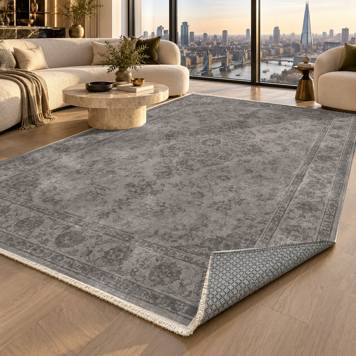 Rosewater Tabriz Charcoal Silver Vintage Washable Rug — london luxury living