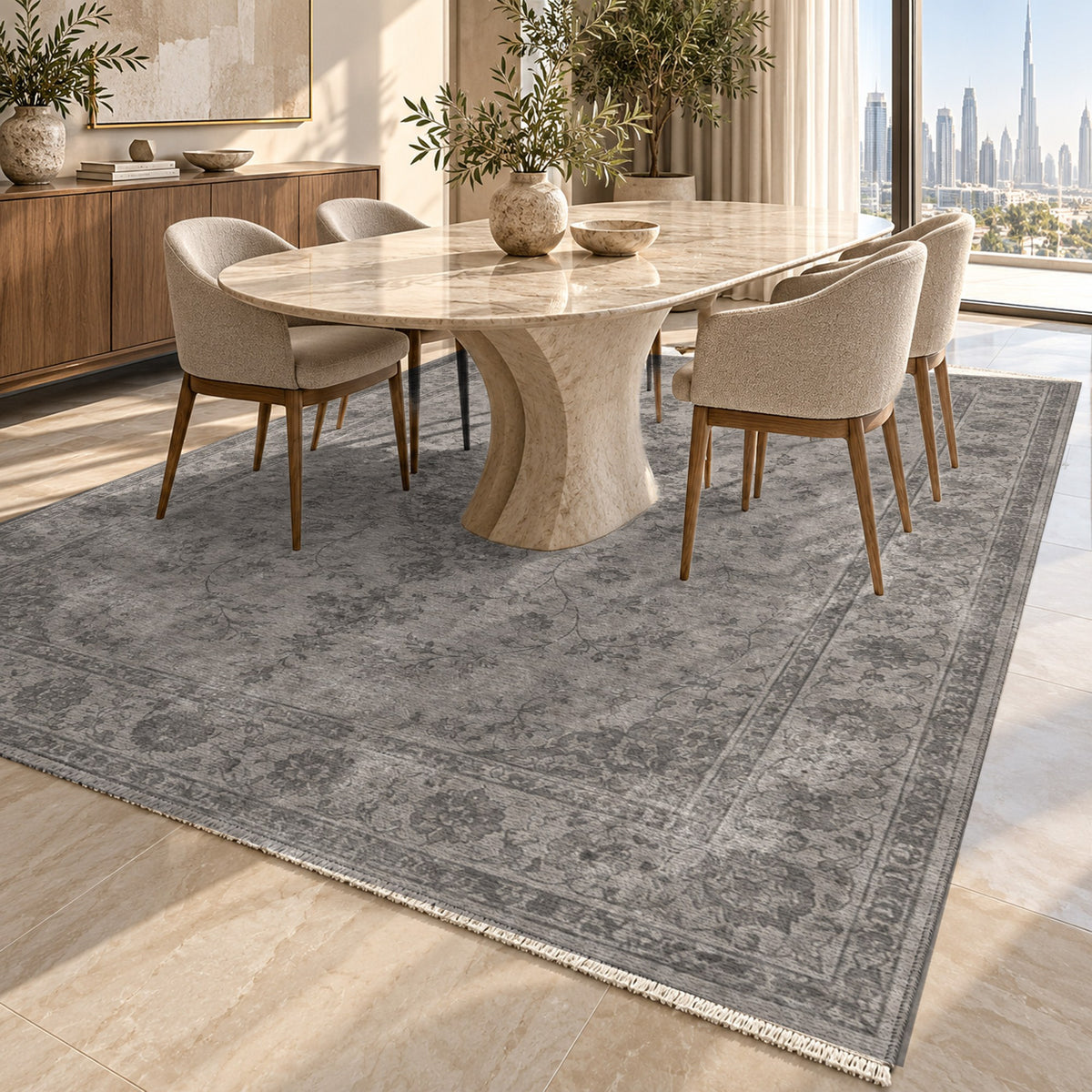 Rosewater Tabriz Charcoal Silver Vintage Washable Rug — dubai dining