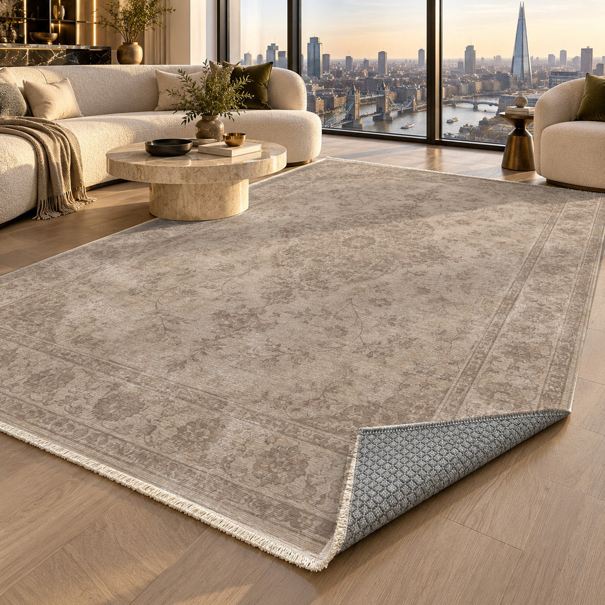 Rosewater Tabriz Ivory Taupe Vintage Washable Rug — london luxury living