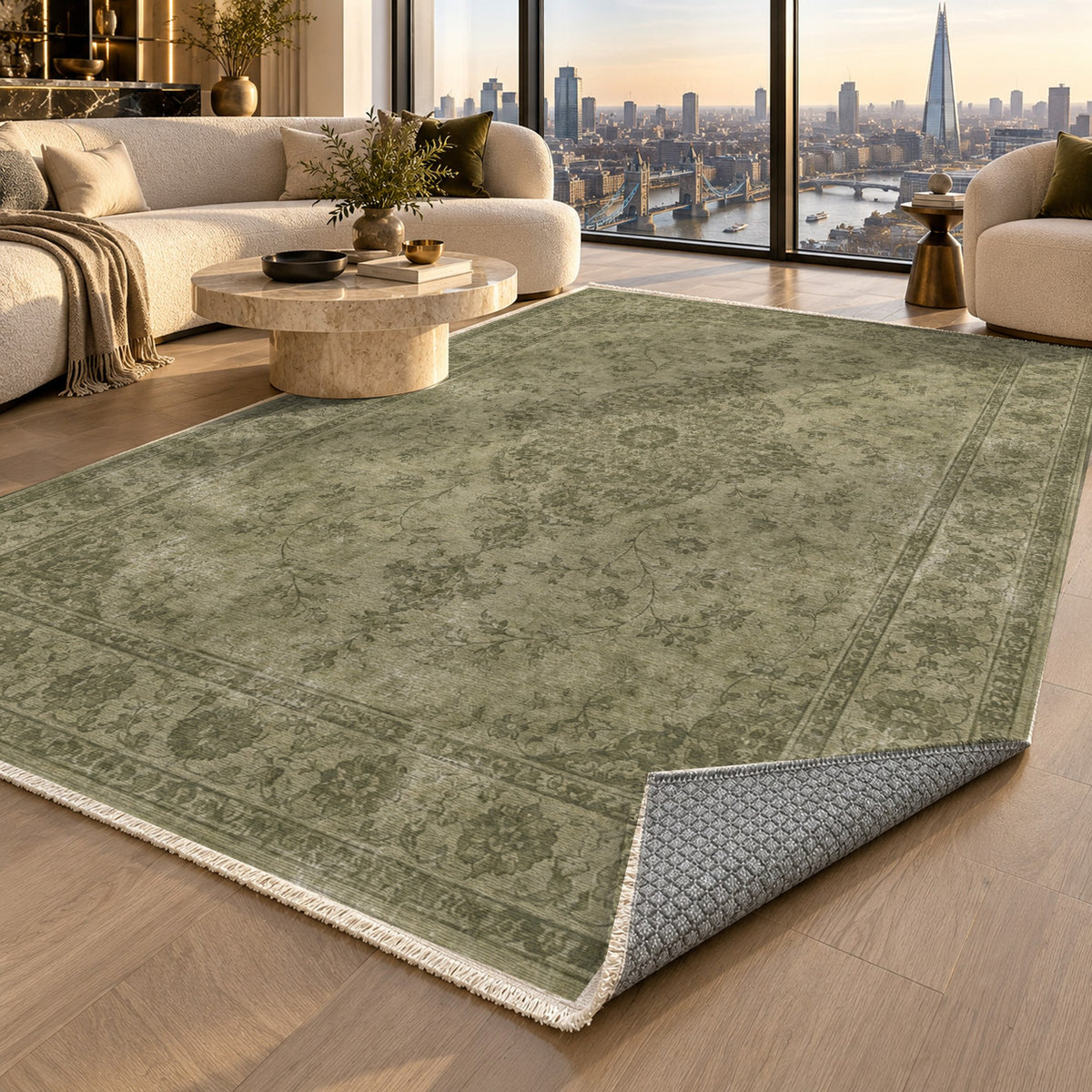 Rosewater Tabriz Olive Green Vintage Washable Rug — london luxury living