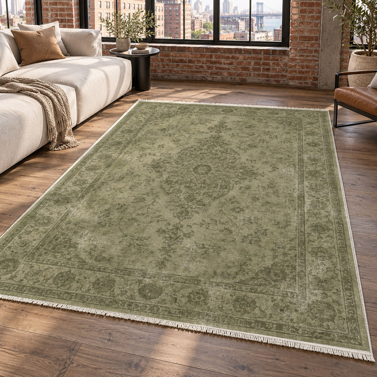 Rosewater Tabriz Olive Green Vintage Washable Rug — new york living