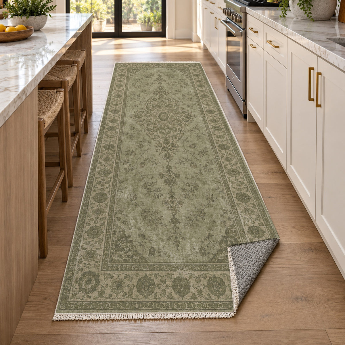 Rosewater Tabriz Olive Green Vintage Washable Rug — new york kitchen runner