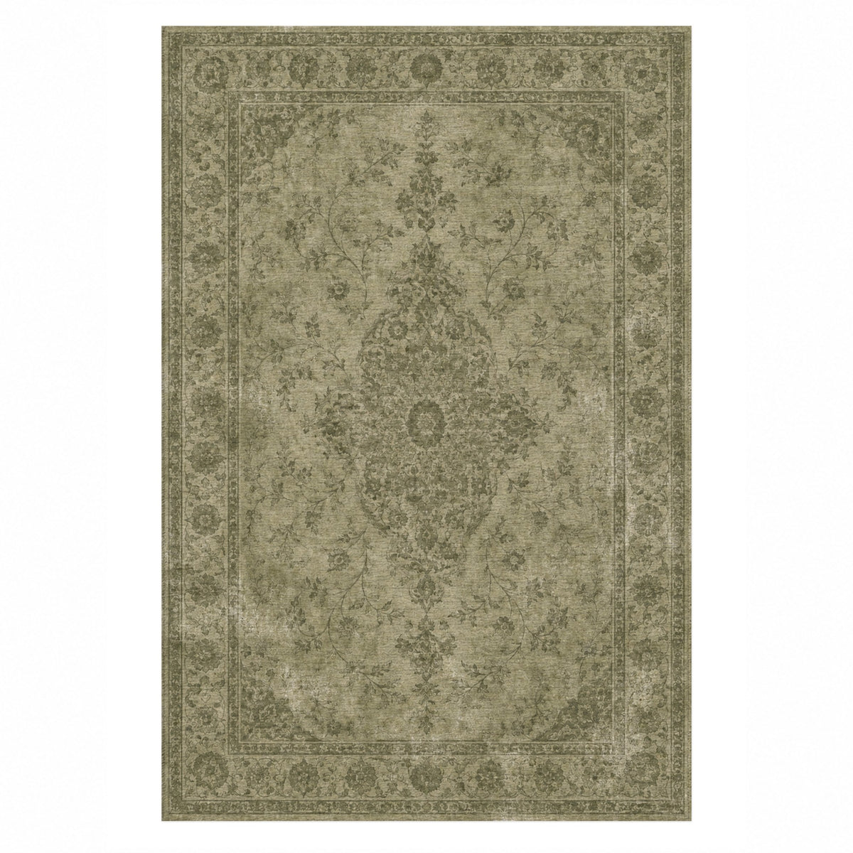 Rosewater Tabriz Olive Green Vintage Washable Rug — top view