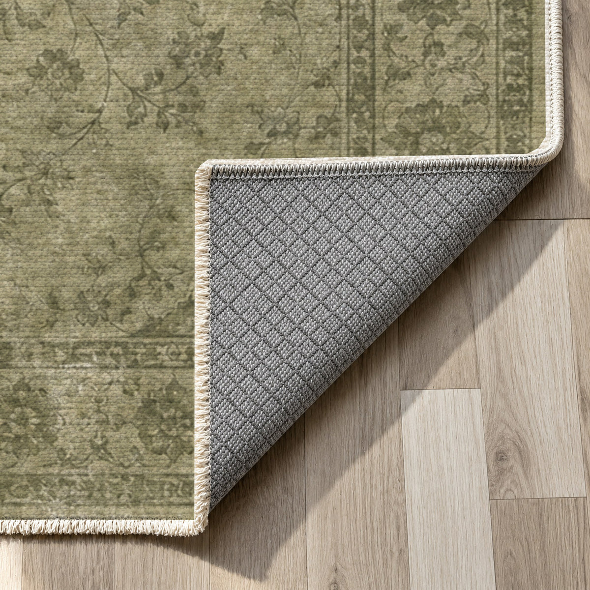 Rosewater Tabriz Olive Green Vintage Washable Rug — backing close up