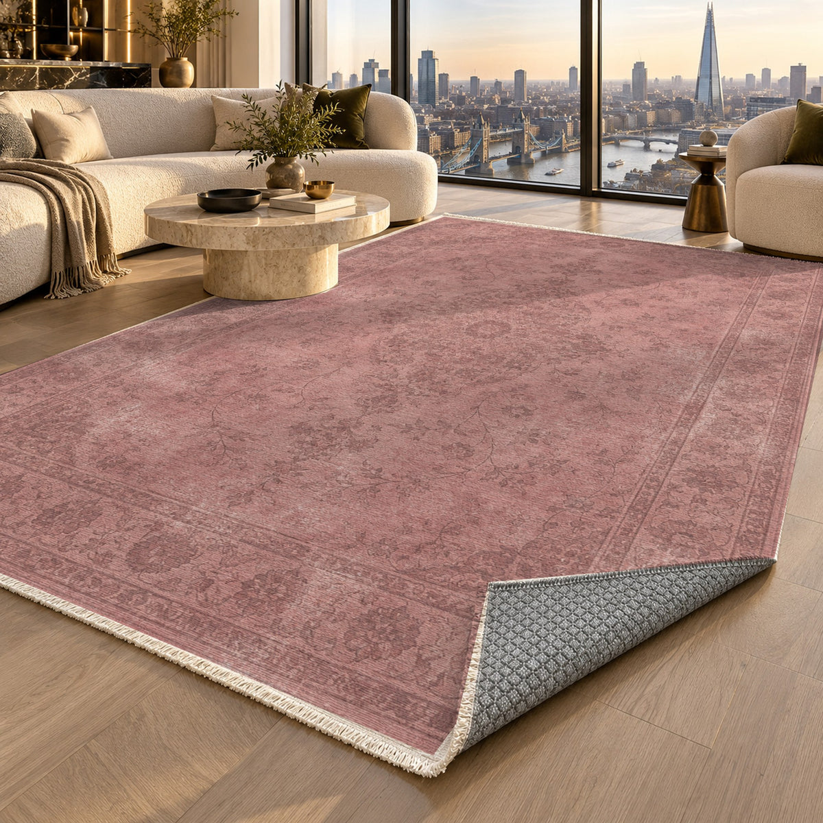 Rosewater Tabriz Rose Pink Vintage Washable Rug — london luxury living