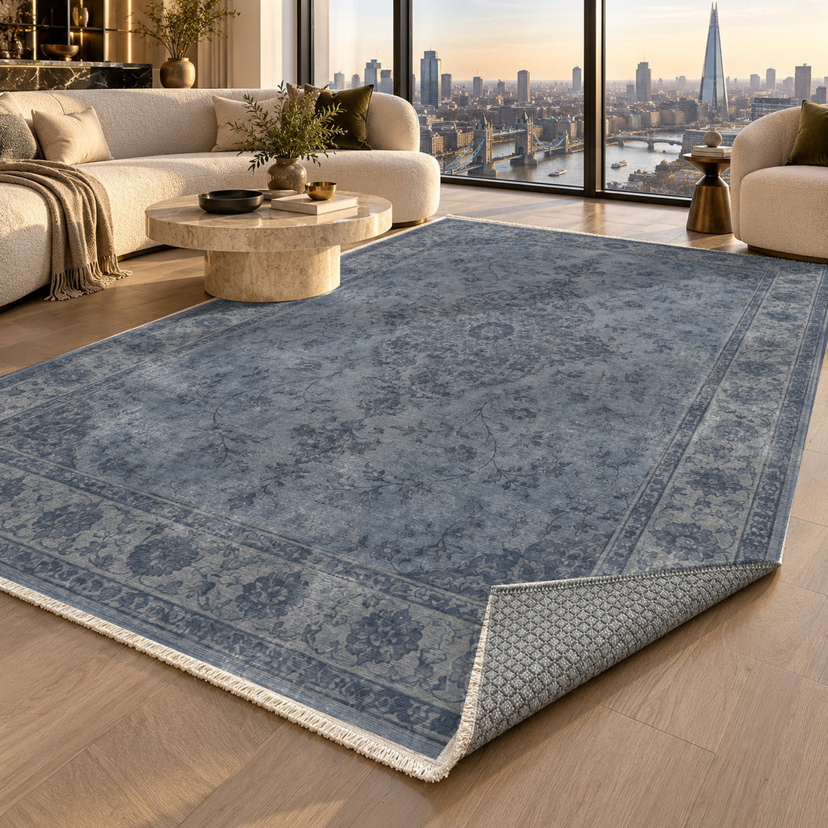 Rosewater Tabriz Slate Blue Vintage Washable Rug — london luxury living