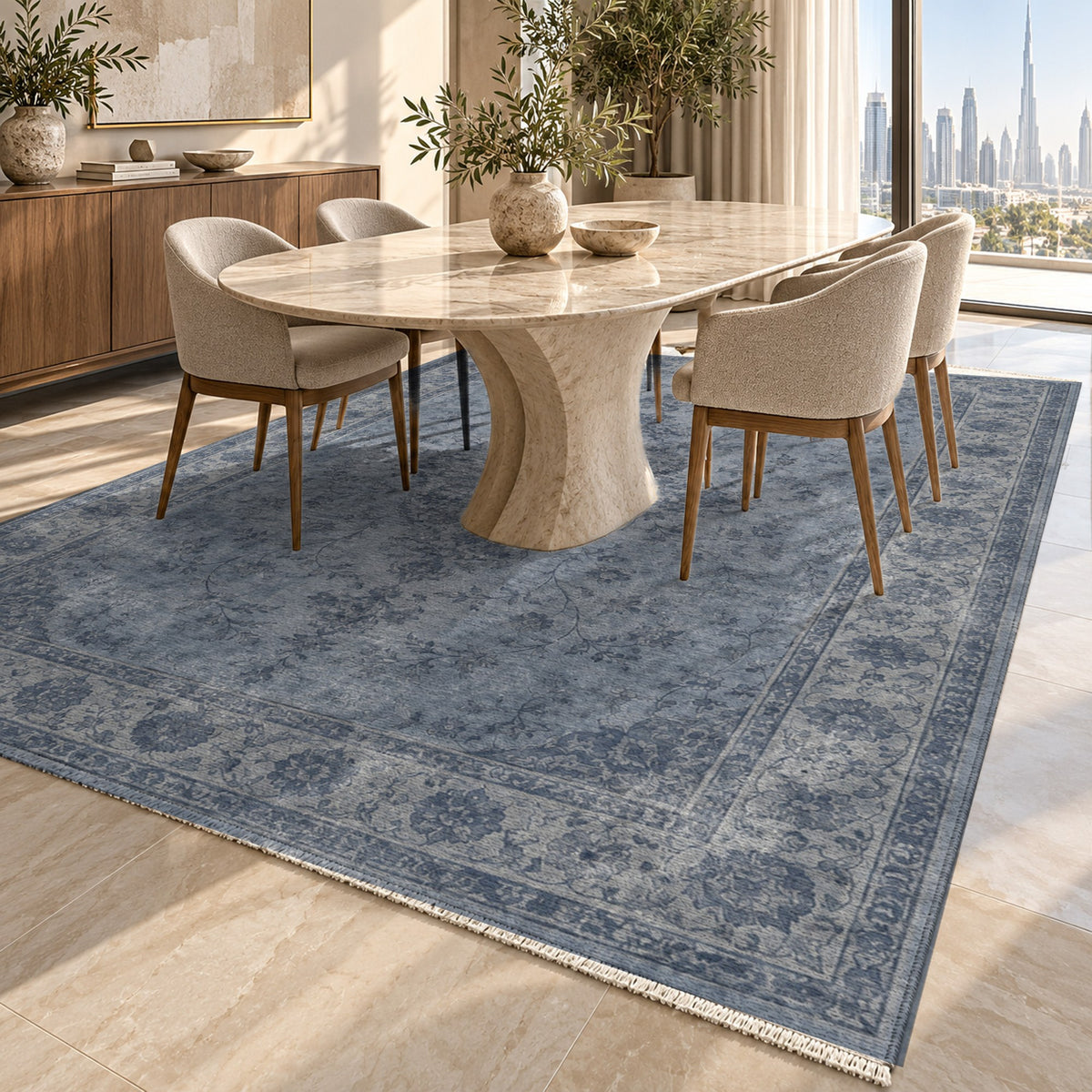 Rosewater Tabriz Slate Blue Vintage Washable Rug — dubai dining