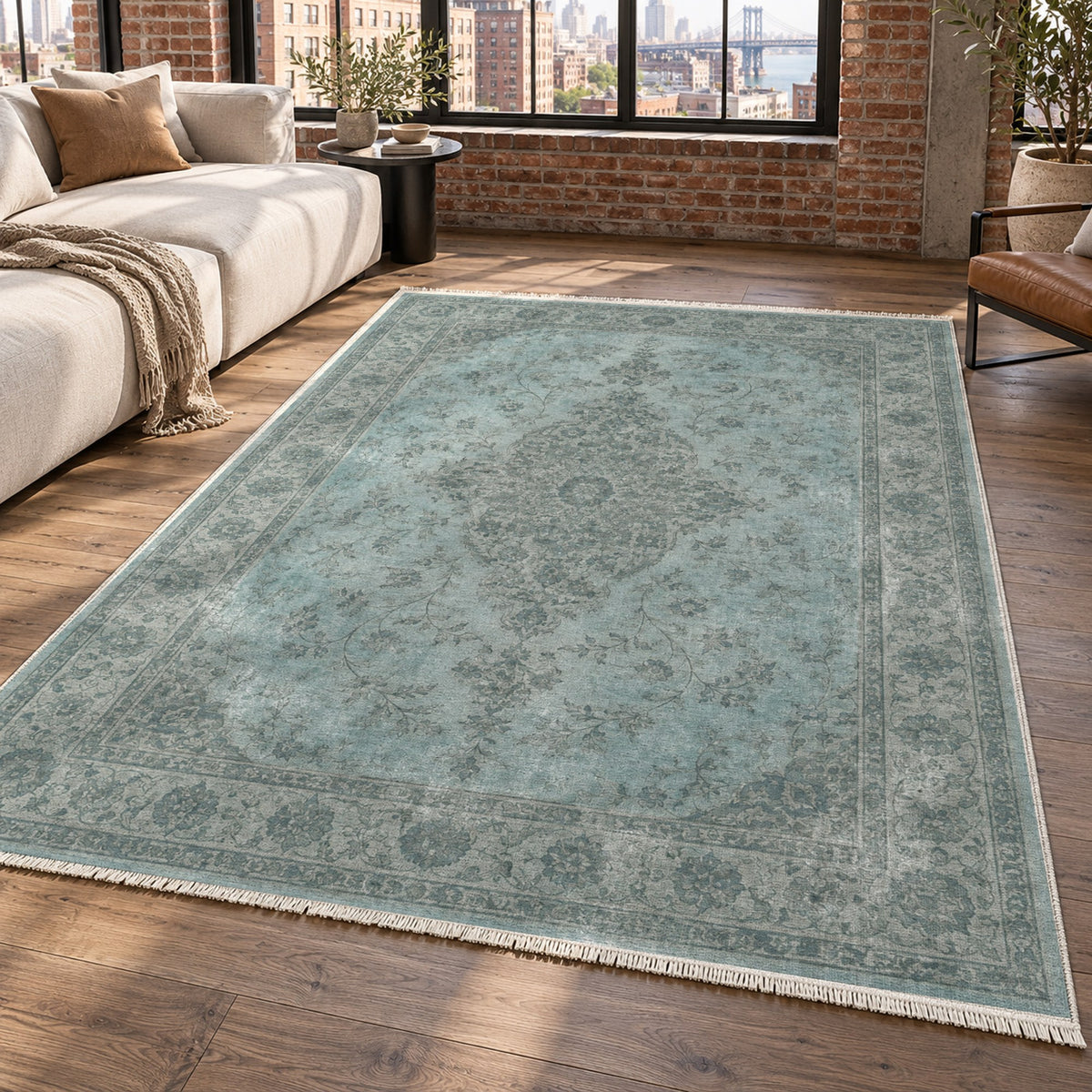 Rosewater Tabriz Turquoise Blue Vintage Washable Rug — new york living