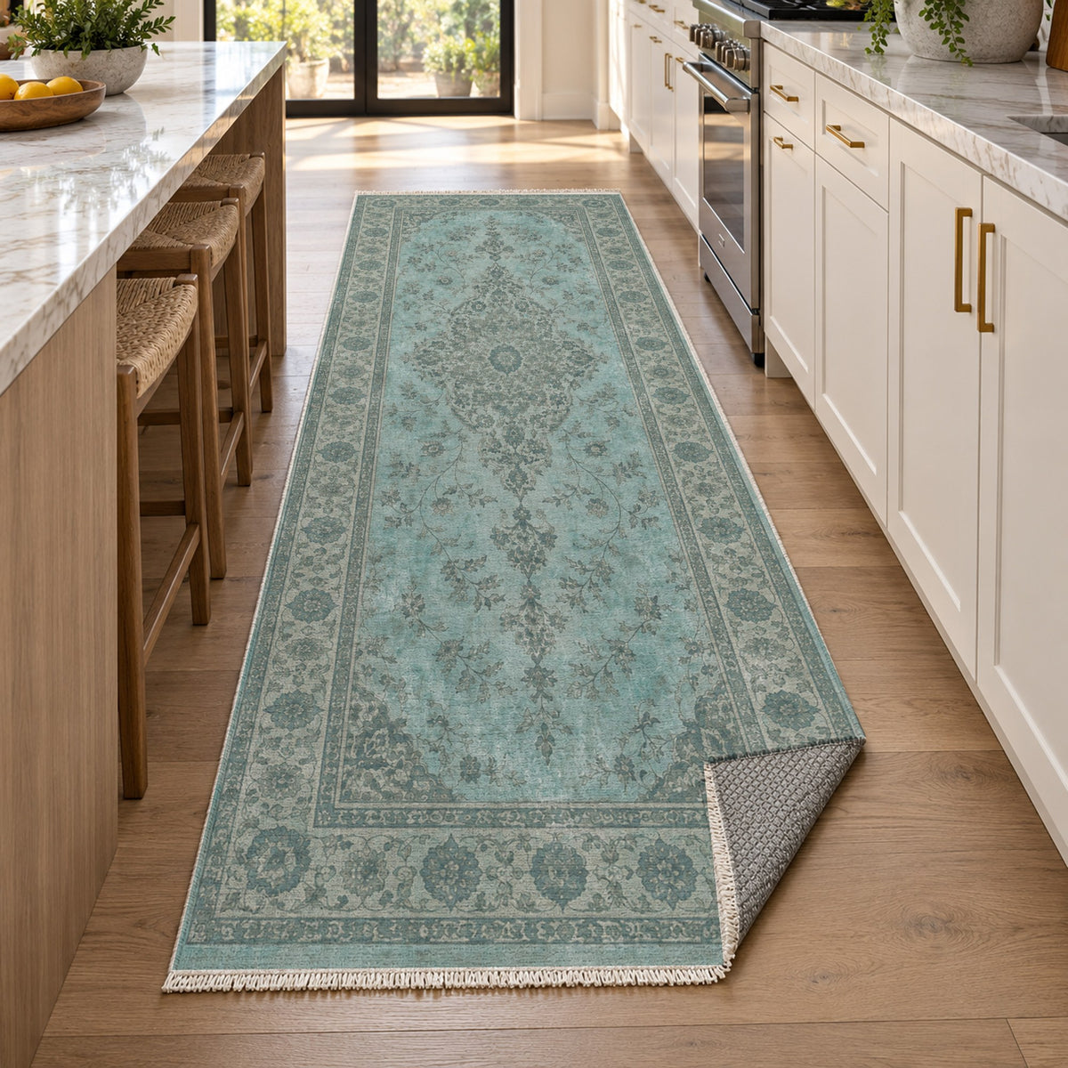 Rosewater Tabriz Turquoise Blue Vintage Washable Rug — new york kitchen runner