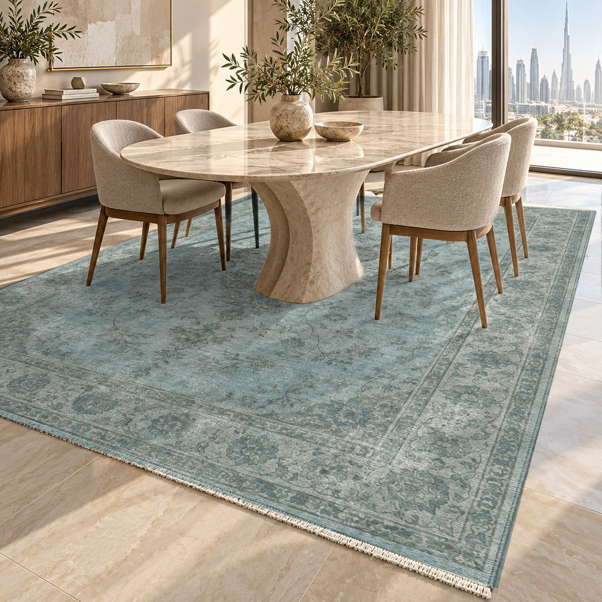 Rosewater Tabriz Turquoise Blue Vintage Washable Rug — dubai dining
