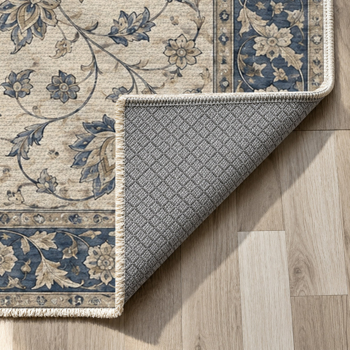 Safavid Arabesque Blue Ivory Classic Washable Rug — backing close up
