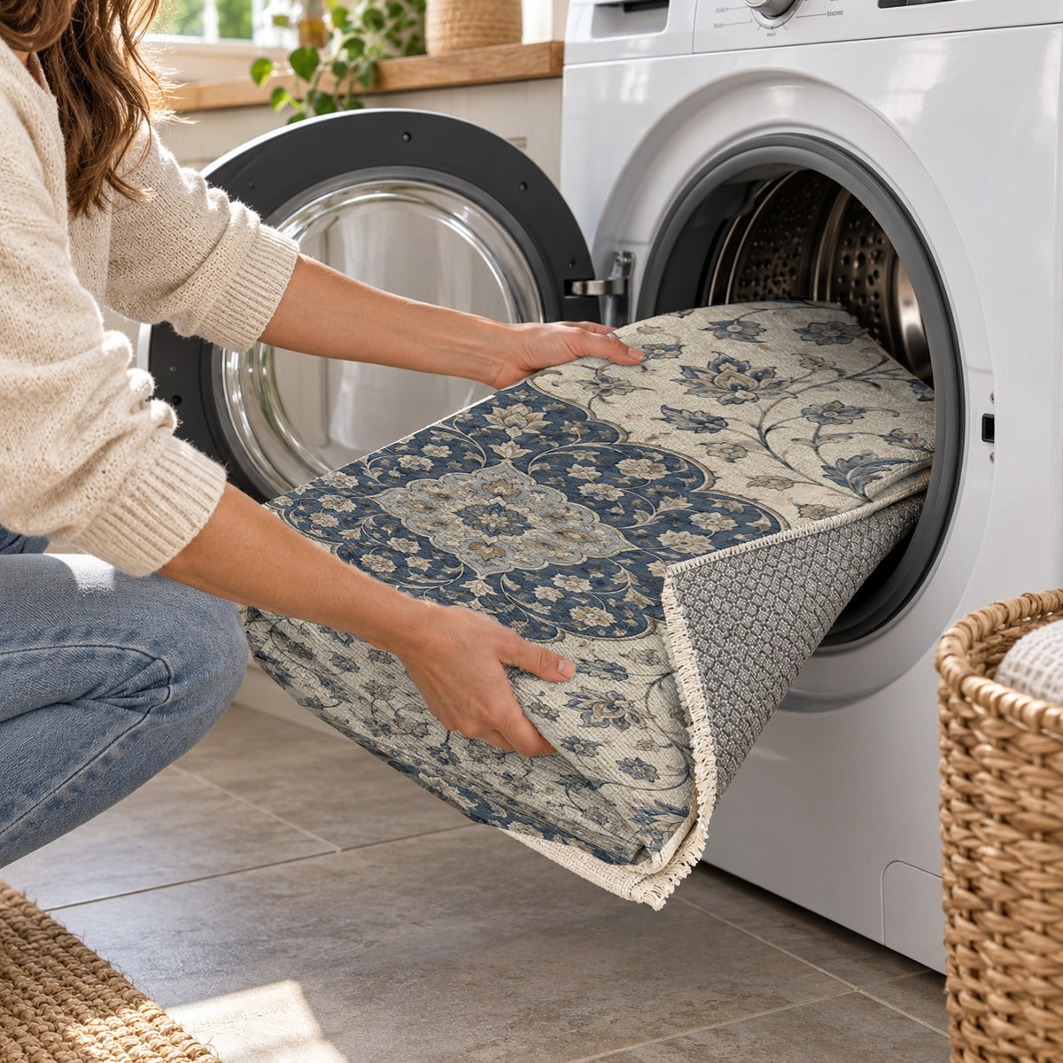 Safavid Arabesque Blue Ivory Classic Washable Rug — washing machine