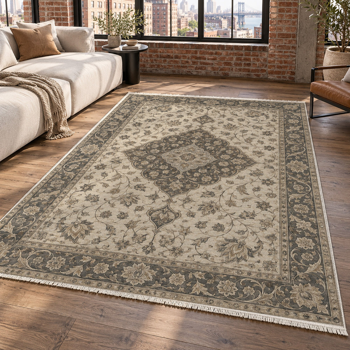 Safavid Arabesque Ivory Taupe Classic Washable Rug — new york living