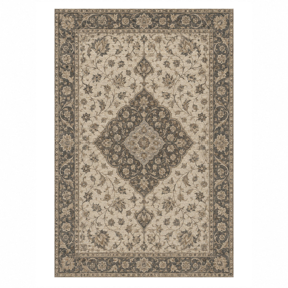Safavid Arabesque Ivory Taupe Classic Washable Rug — top view