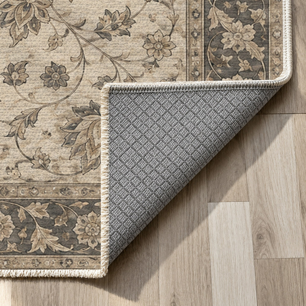 Safavid Arabesque Ivory Taupe Classic Washable Rug — backing close up