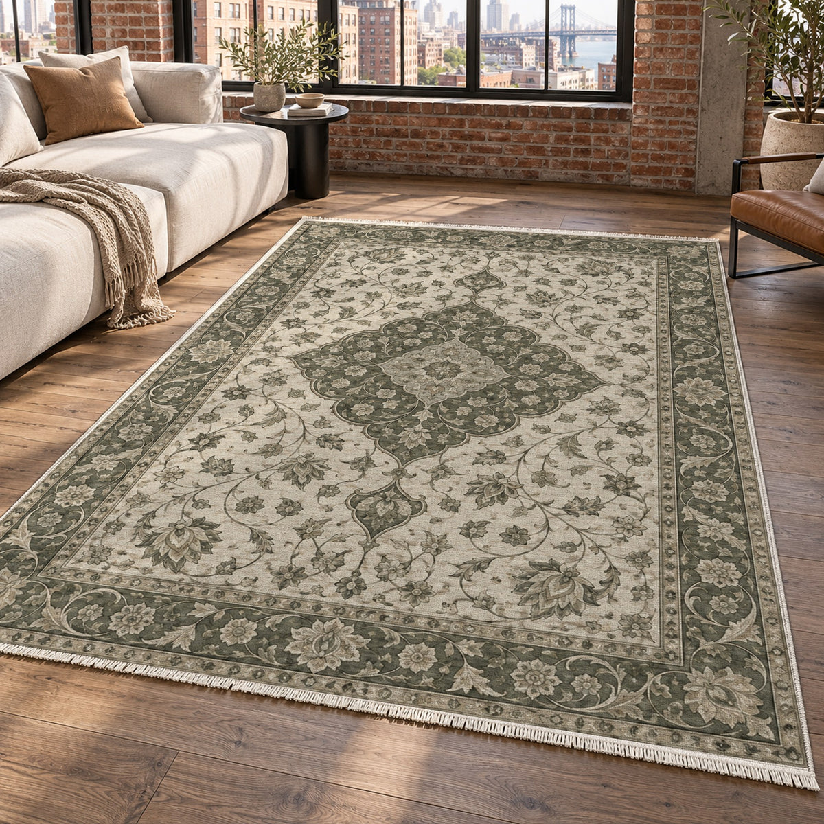 Safavid Arabesque Sage Stone Classic Washable Rug — new york living