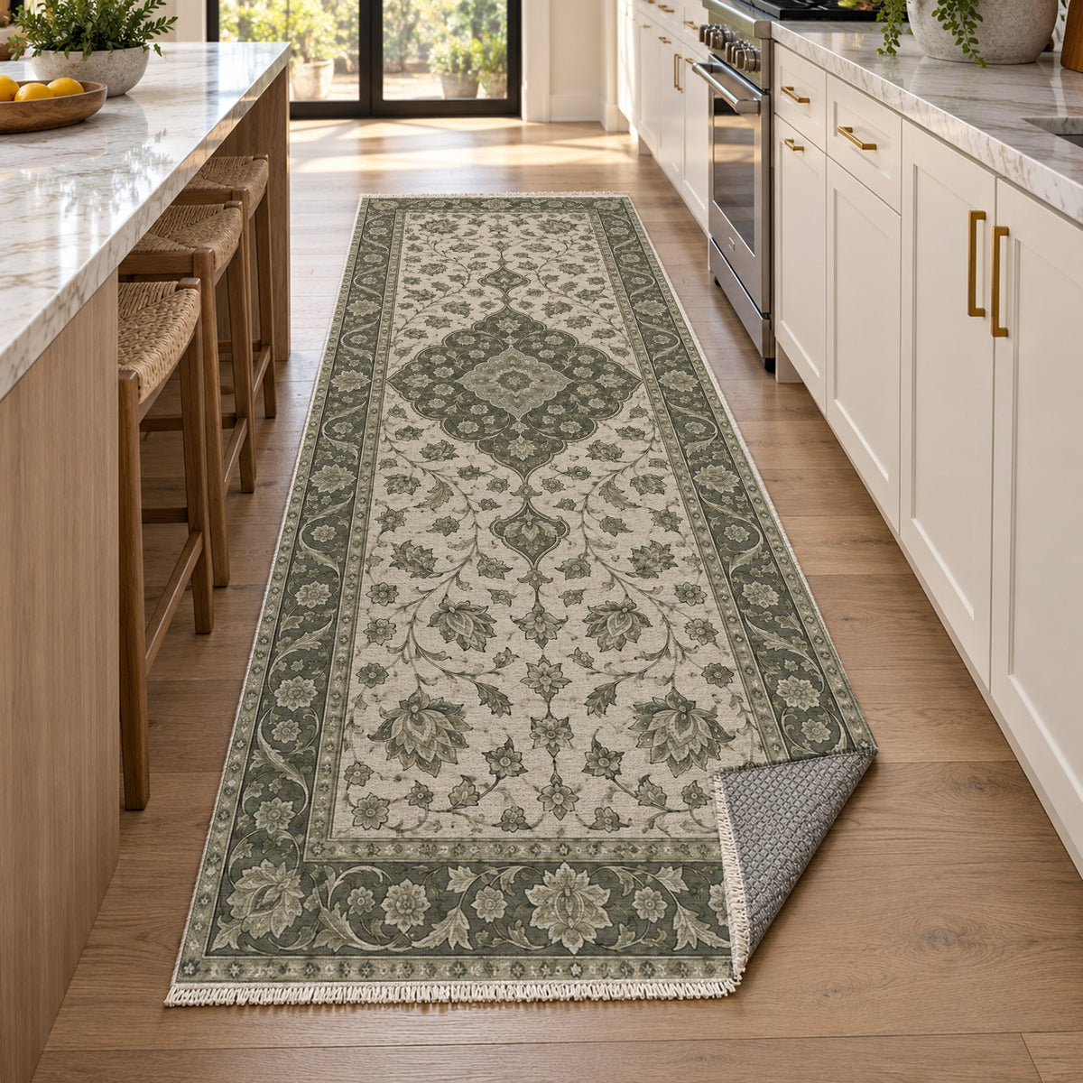 Safavid Arabesque Sage Stone Classic Washable Rug — new york kitchen runner