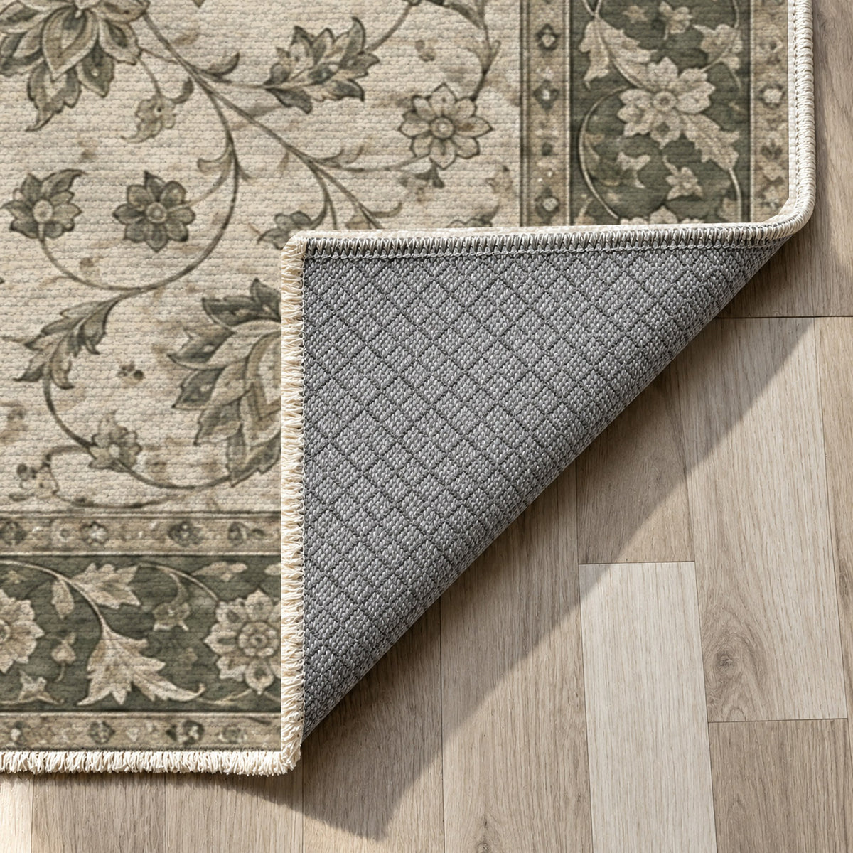 Safavid Arabesque Sage Stone Classic Washable Rug — backing close up