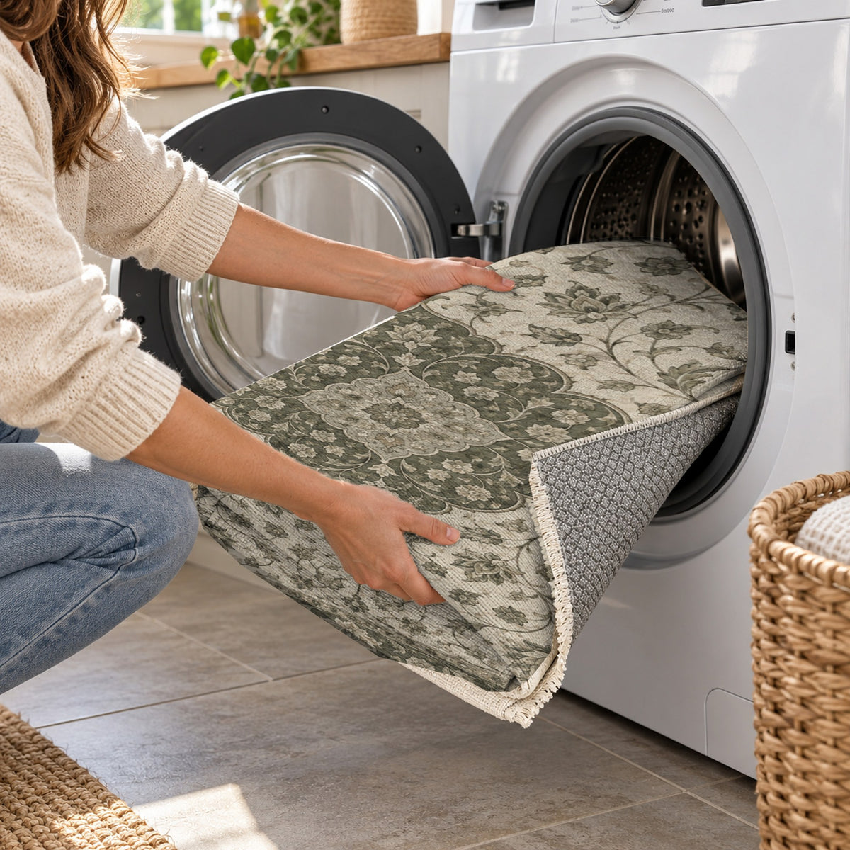 Safavid Arabesque Sage Stone Classic Washable Rug — washing machine