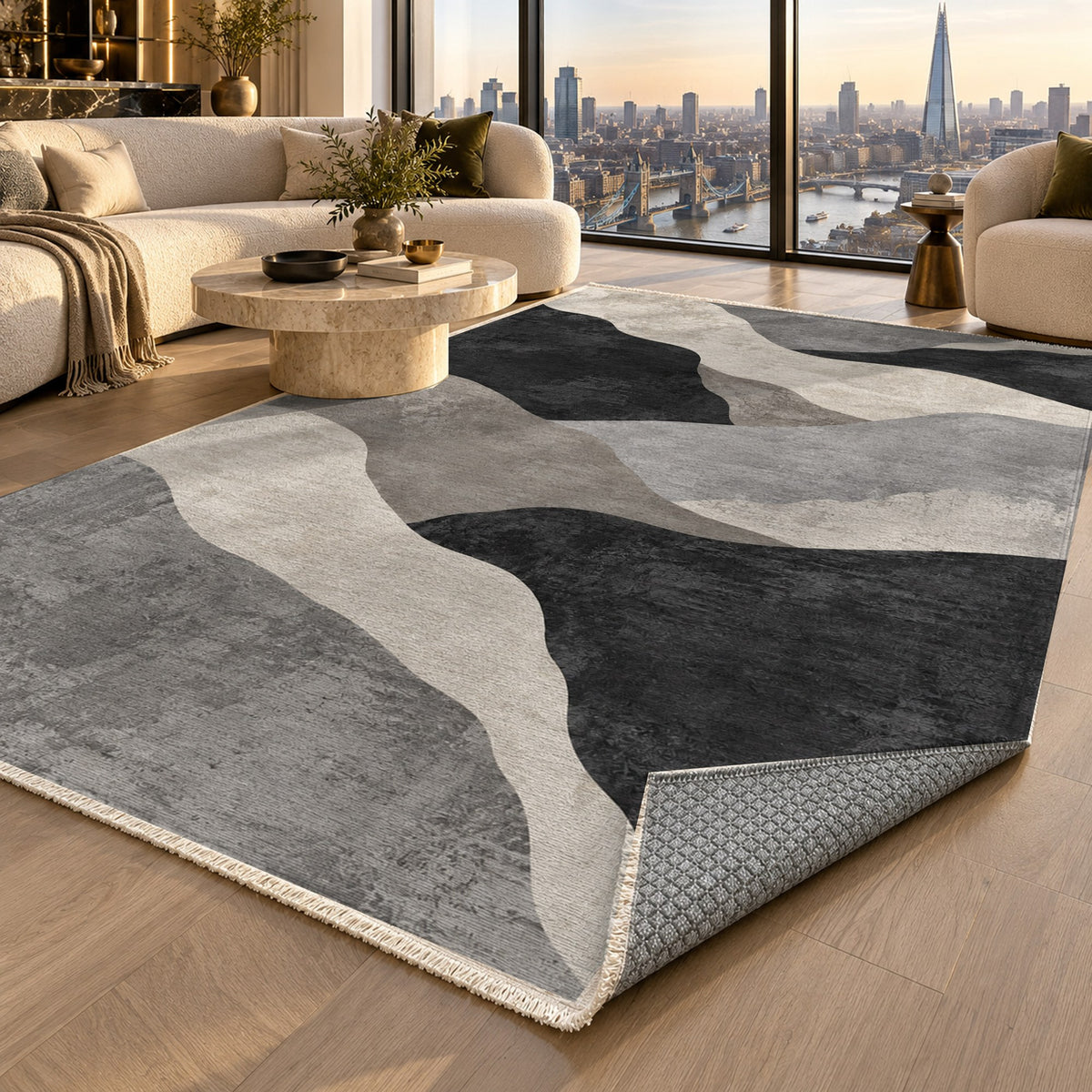 Sahara Mosaic Charcoal Modern Washable Rug — london luxury living