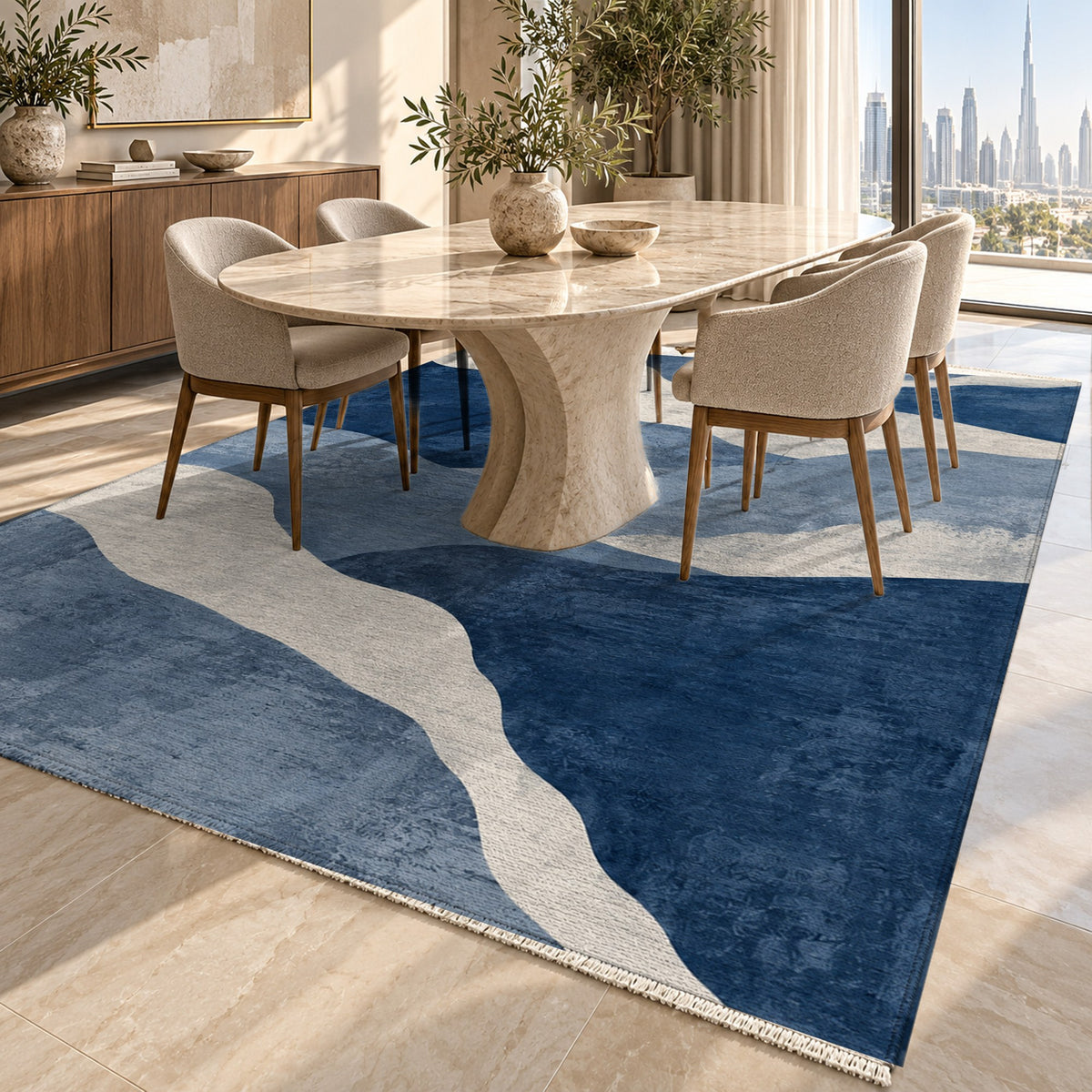 Sahara Mosaic Indigo Modern Washable Rug — dubai dining