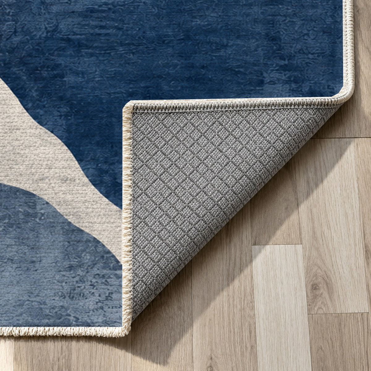 Sahara Mosaic Indigo Modern Washable Rug — backing close up