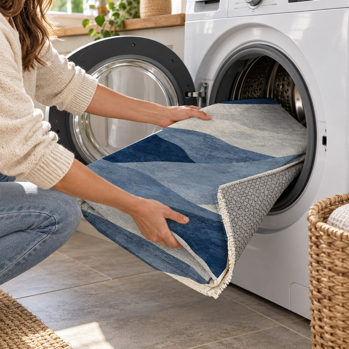Sahara Mosaic Indigo Modern Washable Rug — washing machine