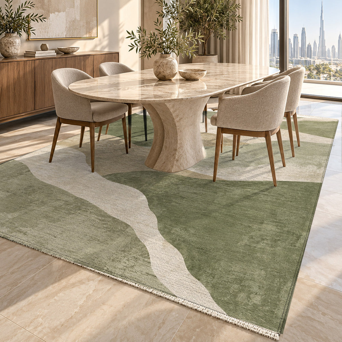 Sahara Mosaic Sage Modern Washable Rug — dubai dining