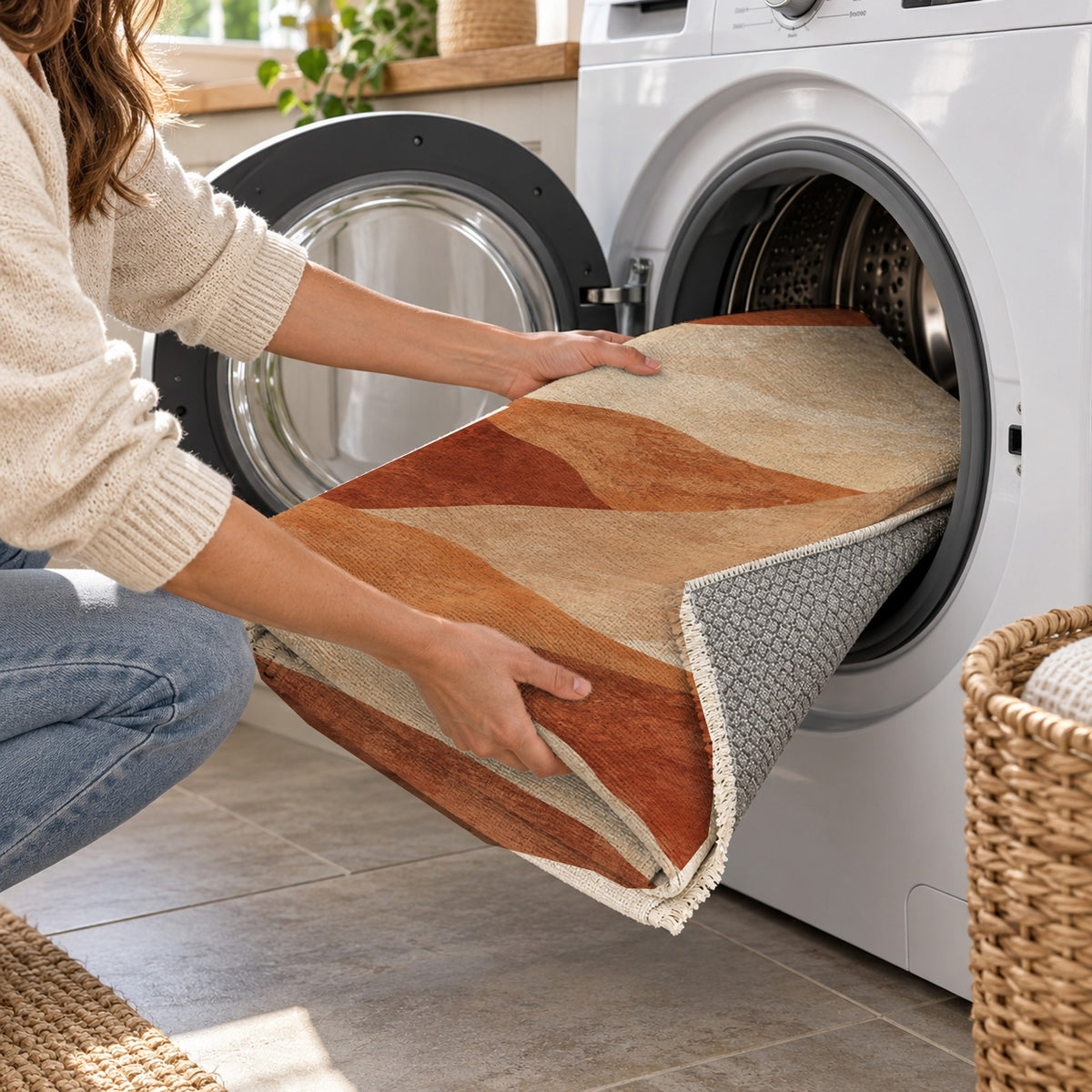 Sahara Mosaic Terracotta Modern Washable Rug — washing machine