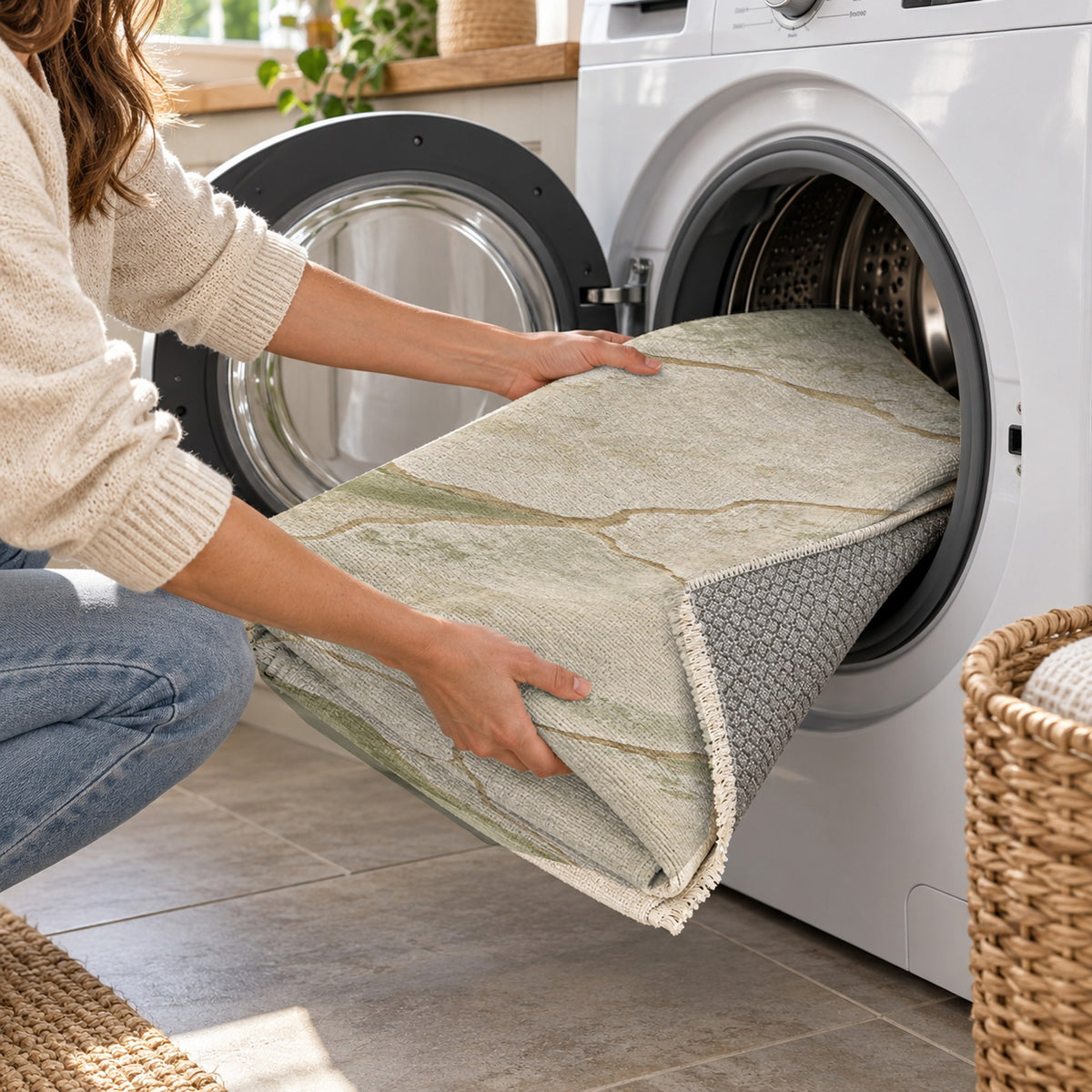 Salt Flats Sage Modern Washable Rug — washing machine