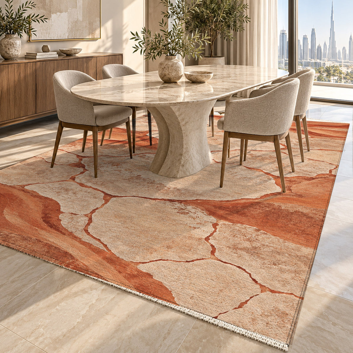 Salt Flats Terracotta Modern Washable Rug — dubai dining