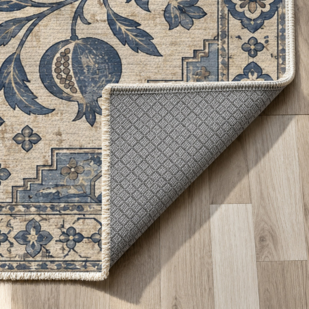 Samarkand Pomegranates Blue Ivory Classic Washable Rug — backing close up