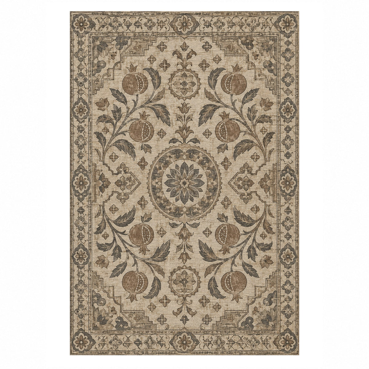 Samarkand Pomegranates Ivory Taupe Classic Washable Rug — top view