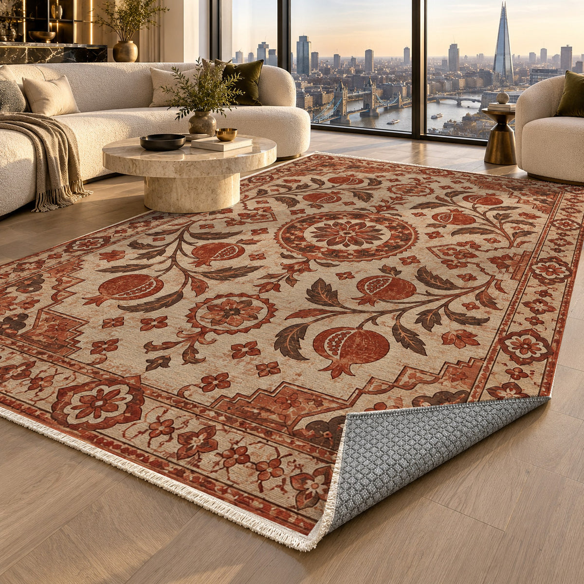 Samarkand Pomegranates Rust Sand Classic Washable Rug — london luxury living
