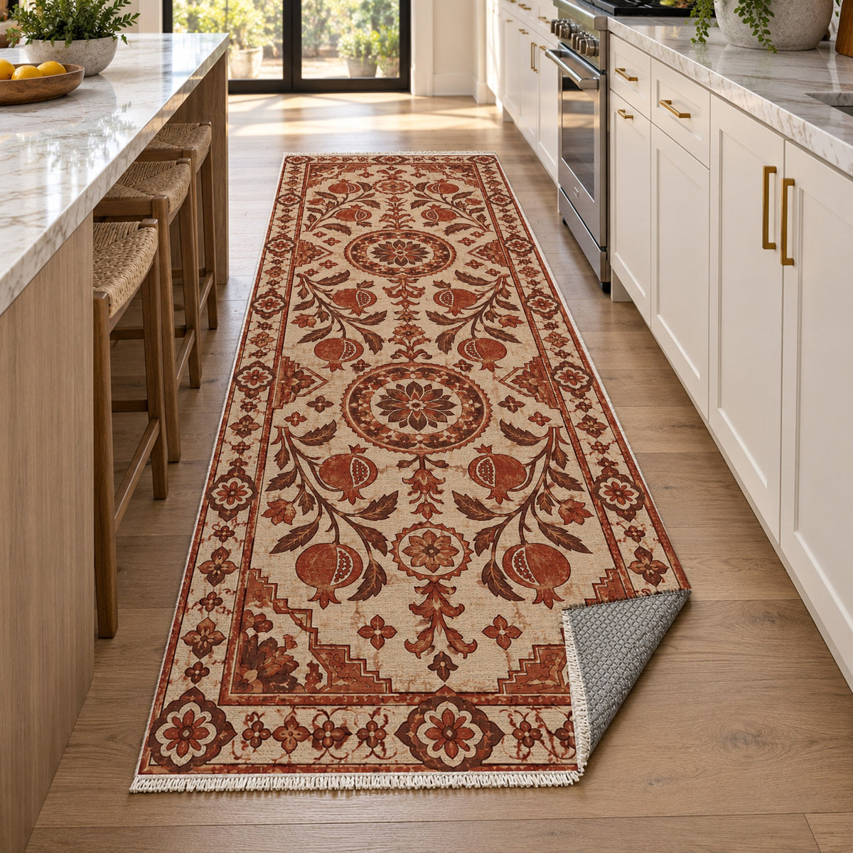 Samarkand Pomegranates Rust Sand Classic Washable Rug — new york kitchen runner