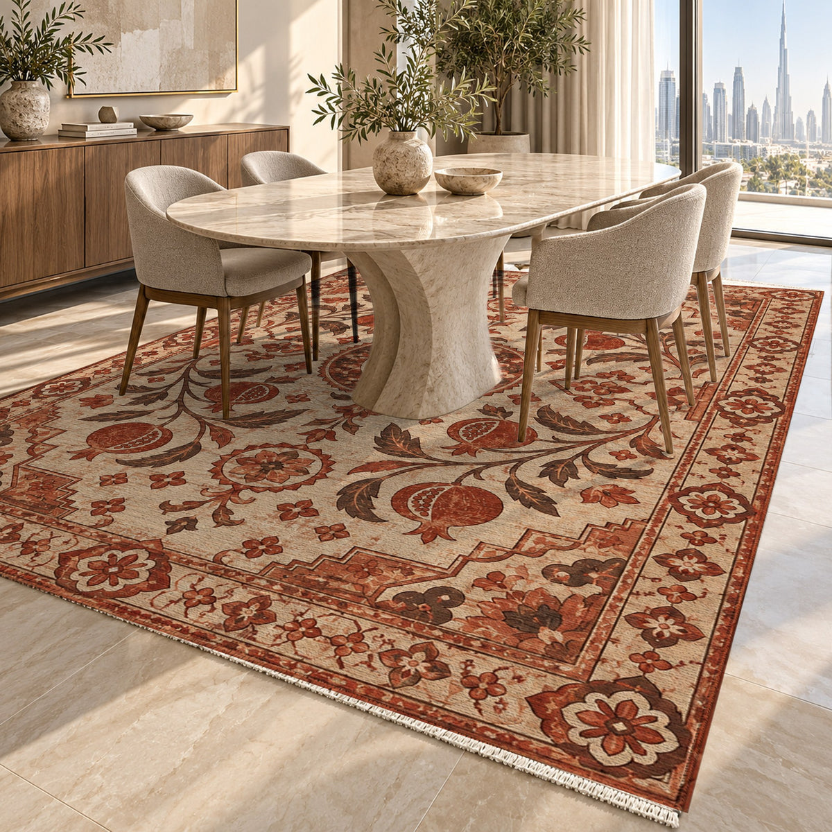 Samarkand Pomegranates Rust Sand Classic Washable Rug — dubai dining