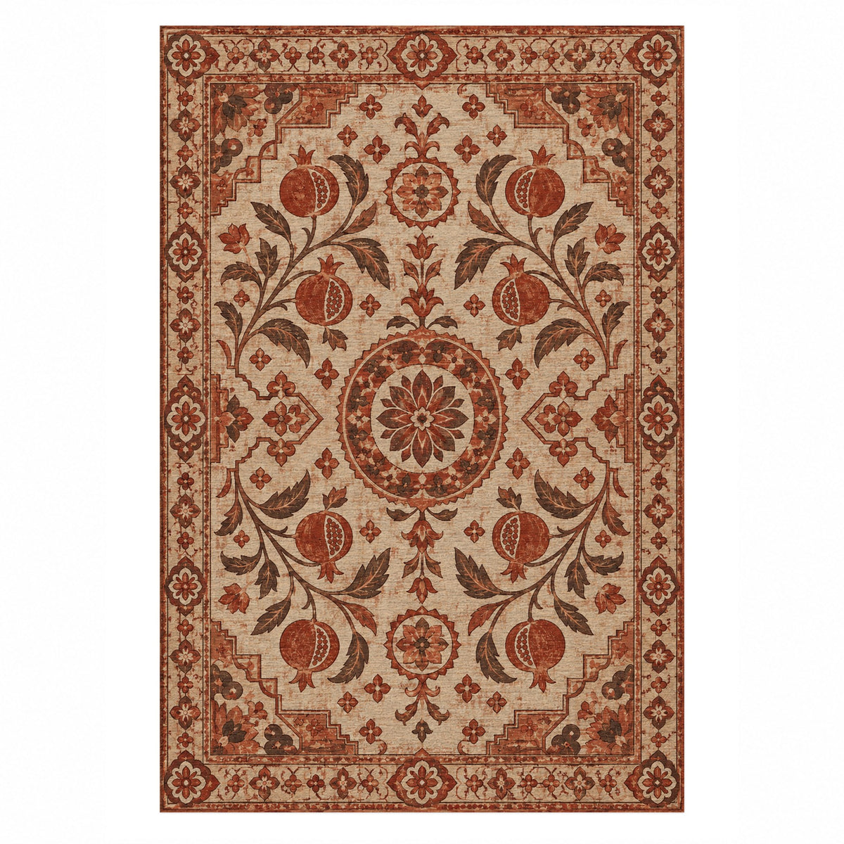 Samarkand Pomegranates Rust Sand Classic Washable Rug — top view