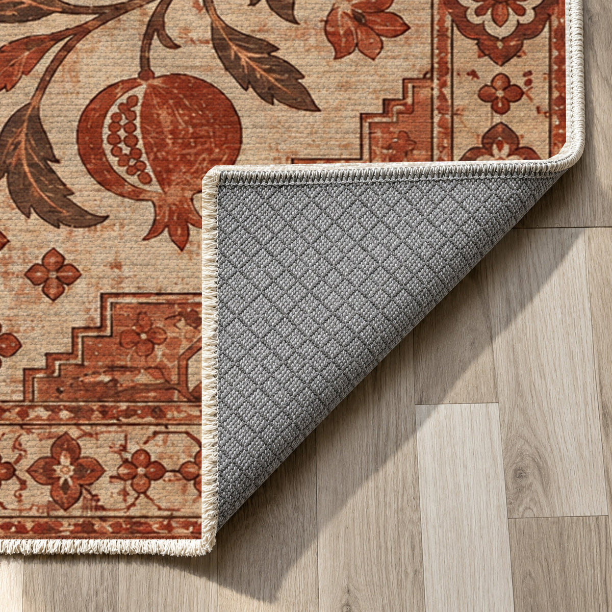 Samarkand Pomegranates Rust Sand Classic Washable Rug — backing close up