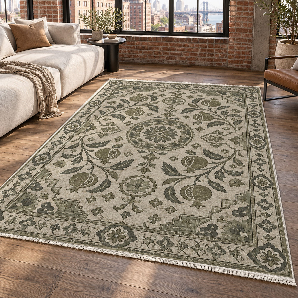 Samarkand Pomegranates Sage Stone Classic Washable Rug — new york living