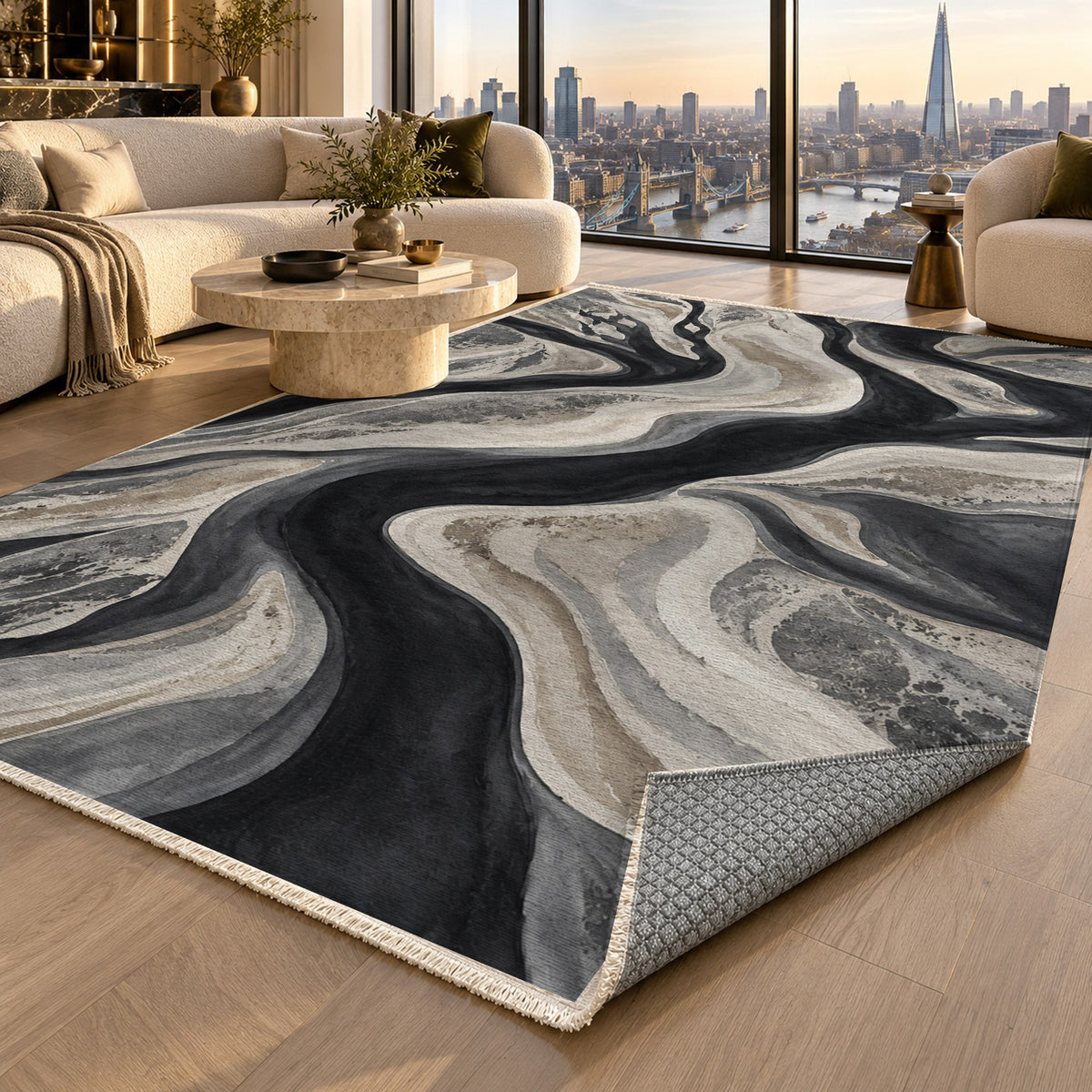 Sandbar Ribbons Charcoal Abstract Washable Rug — london luxury living