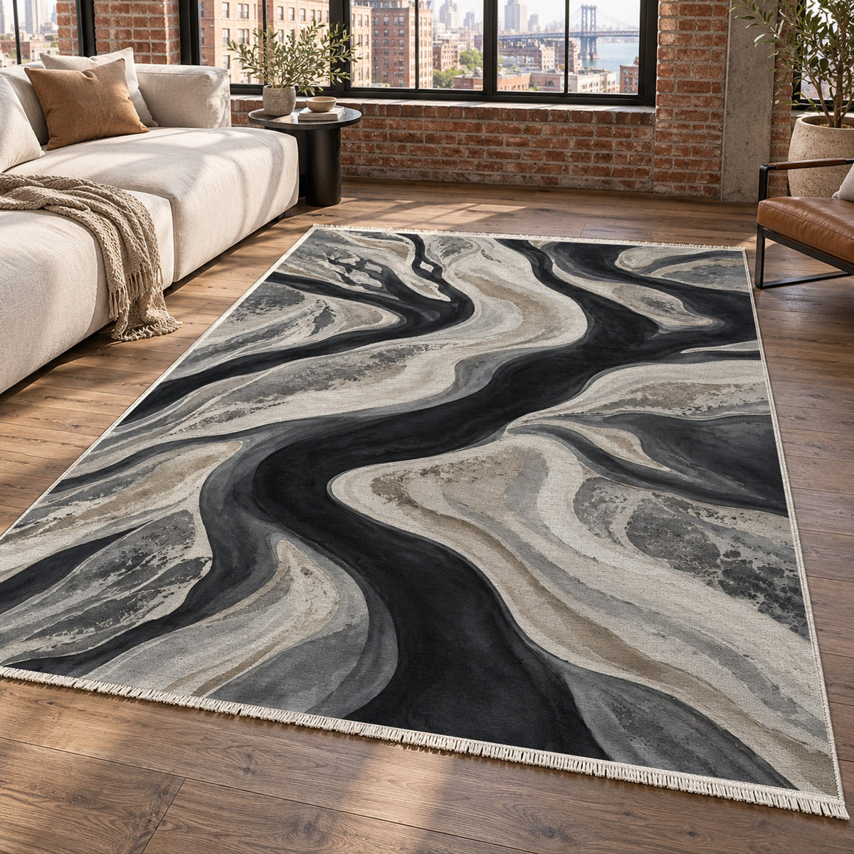Sandbar Ribbons Charcoal Abstract Washable Rug — new york living