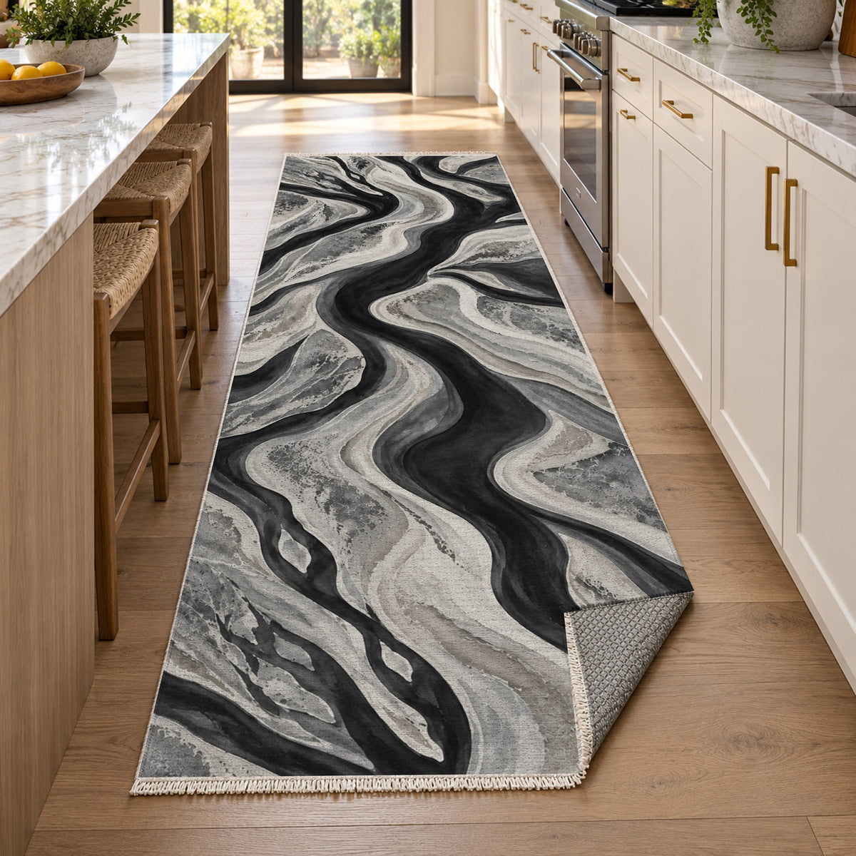 Sandbar Ribbons Charcoal Abstract Washable Rug — new york kitchen runner