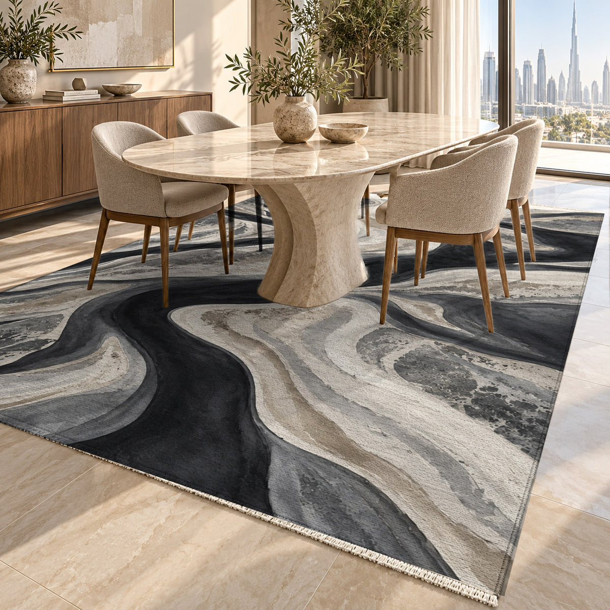 Sandbar Ribbons Charcoal Abstract Washable Rug — dubai dining