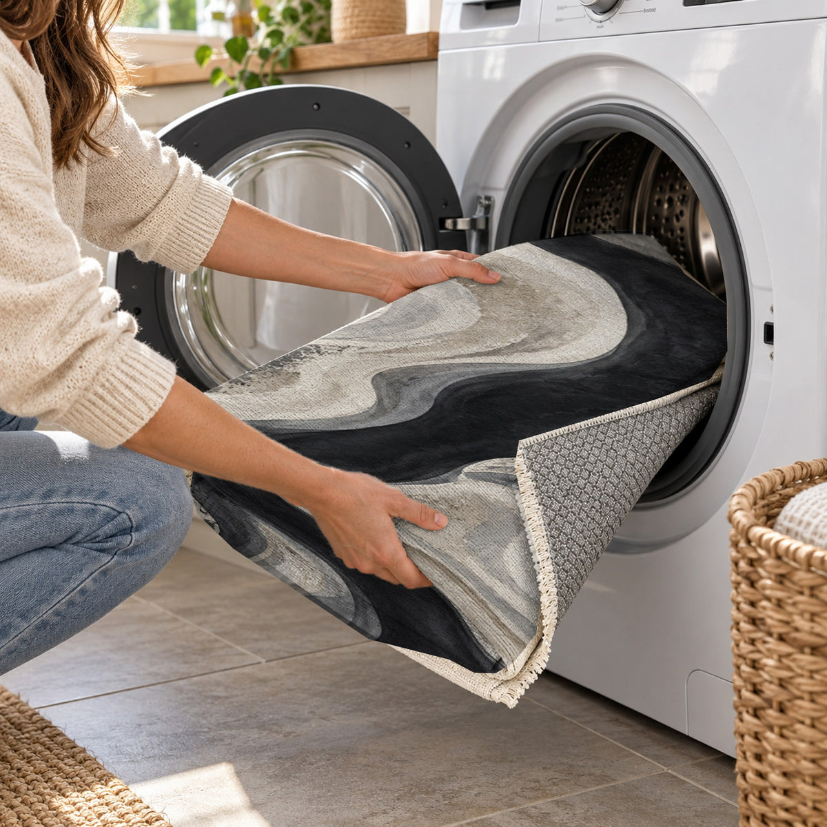 Sandbar Ribbons Charcoal Abstract Washable Rug — washing machine