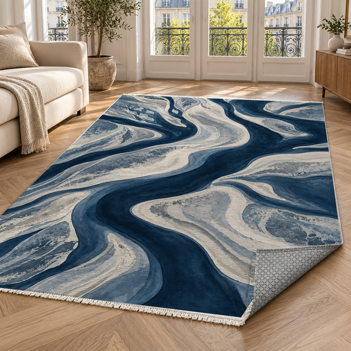 Sandbar Ribbons Indigo Abstract Washable Rug — paris living