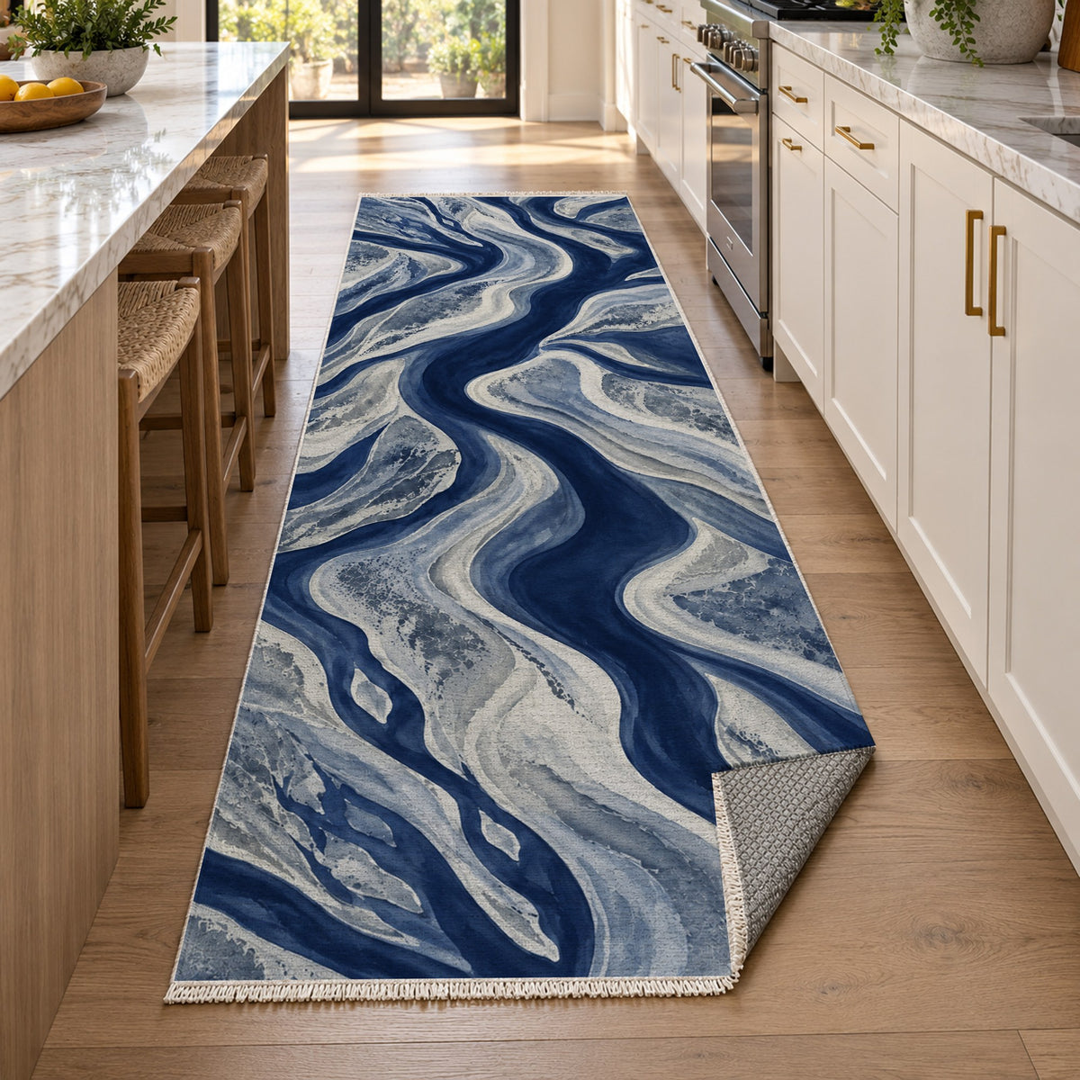 Sandbar Ribbons Indigo Abstract Washable Rug — new york kitchen runner